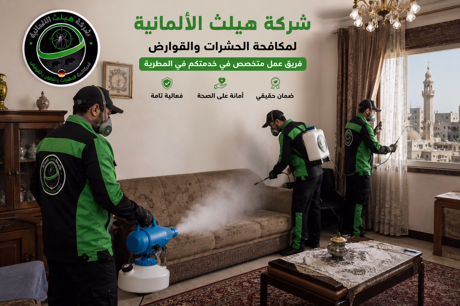 فريق عمل شركة هيلث الألمانية أثناء رش ومكافحة الحشرات في المطرية